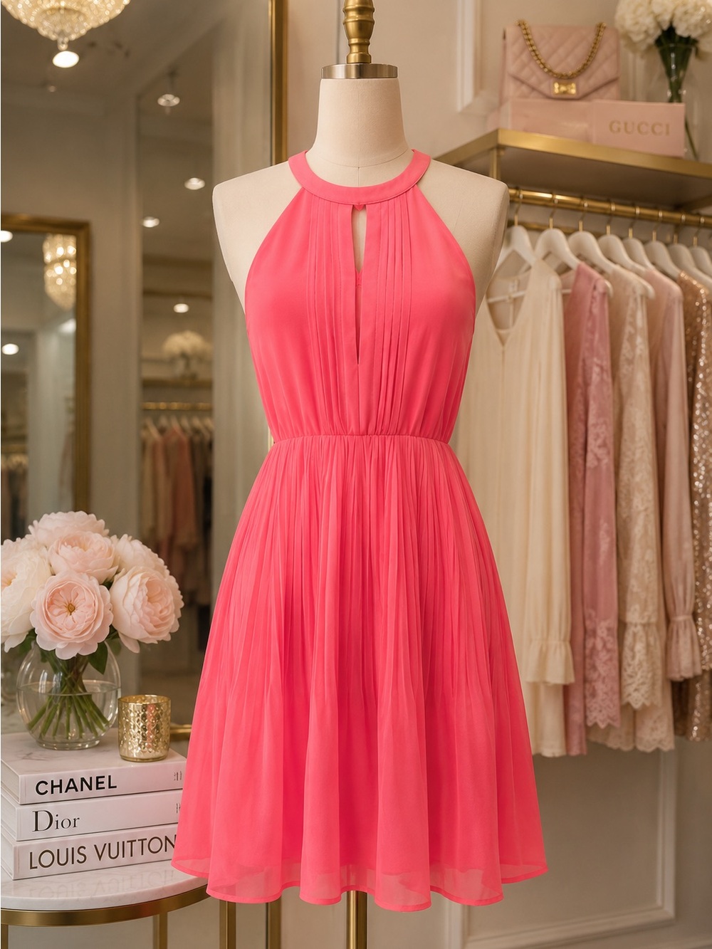 Bebe Coral Pink Pleated Halter Dress XS Fit & Flare Cocktail Party Mini - Picture 2 of 10